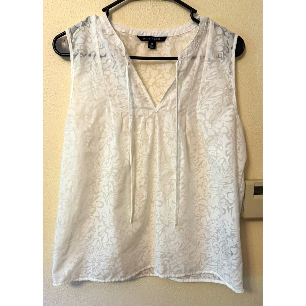 Zac & Rachel Women's White Floral V-Neck Sleeveless Blouse M